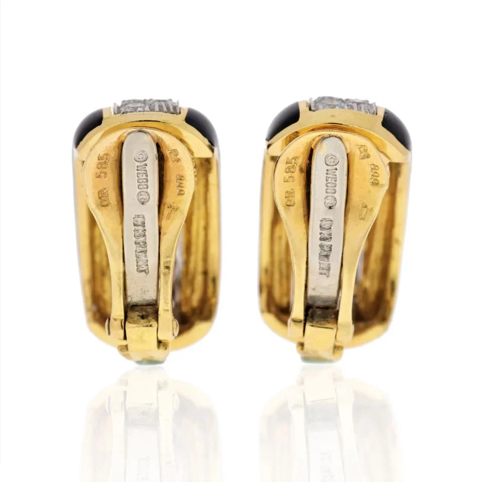 David Webb Platinum & 18K Yellow Gold 2.00 carat Diamond Huggie Black Enamel Earrings - The Back Vault