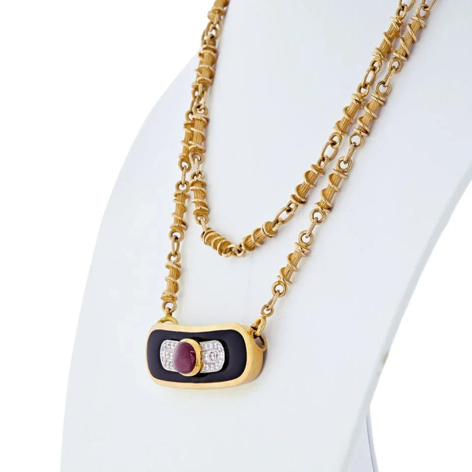 David Webb Platinum & 18K Yellow Gold Ruby, Diamond And Lacquer Pendant Necklace - The Back Vault