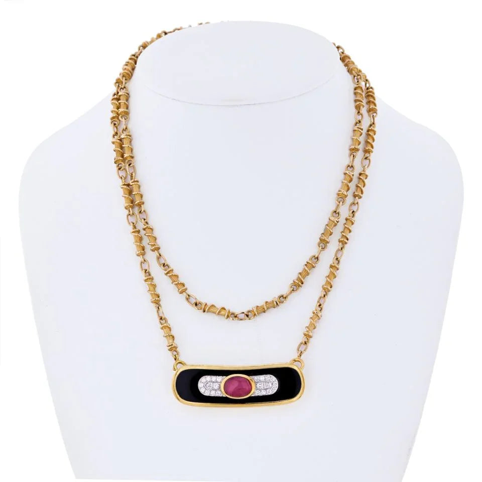 David Webb Platinum & 18K Yellow Gold Ruby, Diamond And Lacquer Pendant Necklace - The Back Vault