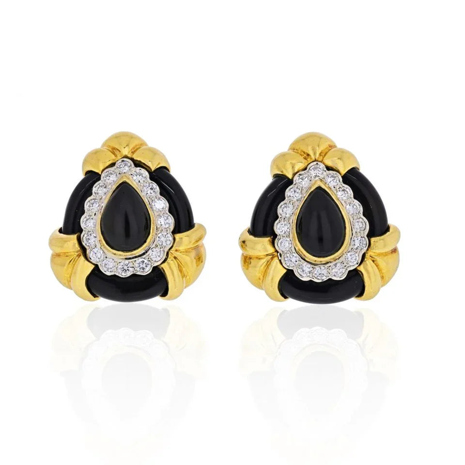 18K Yellow Gold Pear cut Black Diamond Earrings - The Back Vault