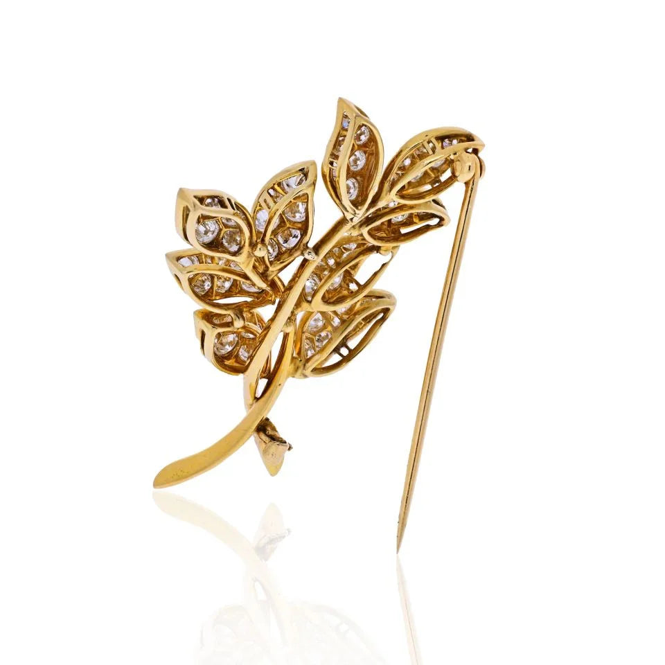 Oscar Heyman 18K Yellow Gold 4.75 carat Diamond Leaf Brooch - The Back Vault