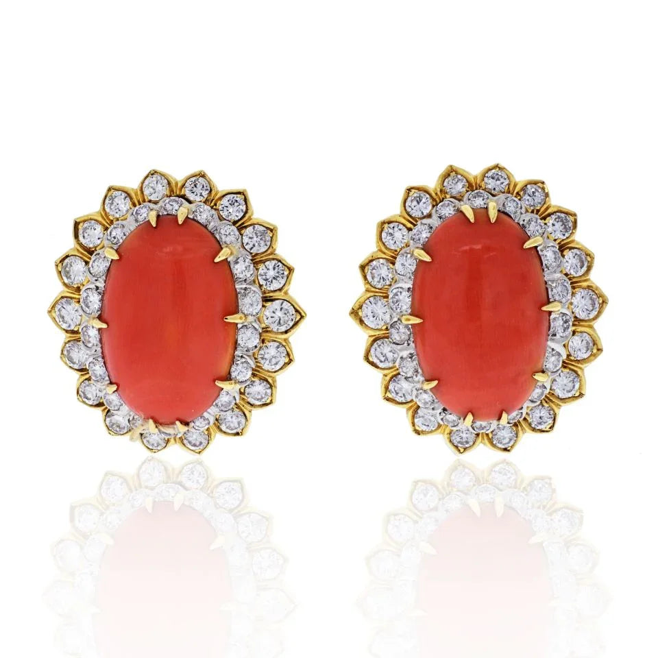 David Webb Platinum & 18K Yellow Gold Oval Coral And Round Cut Diamond Earrings - The Back Vault