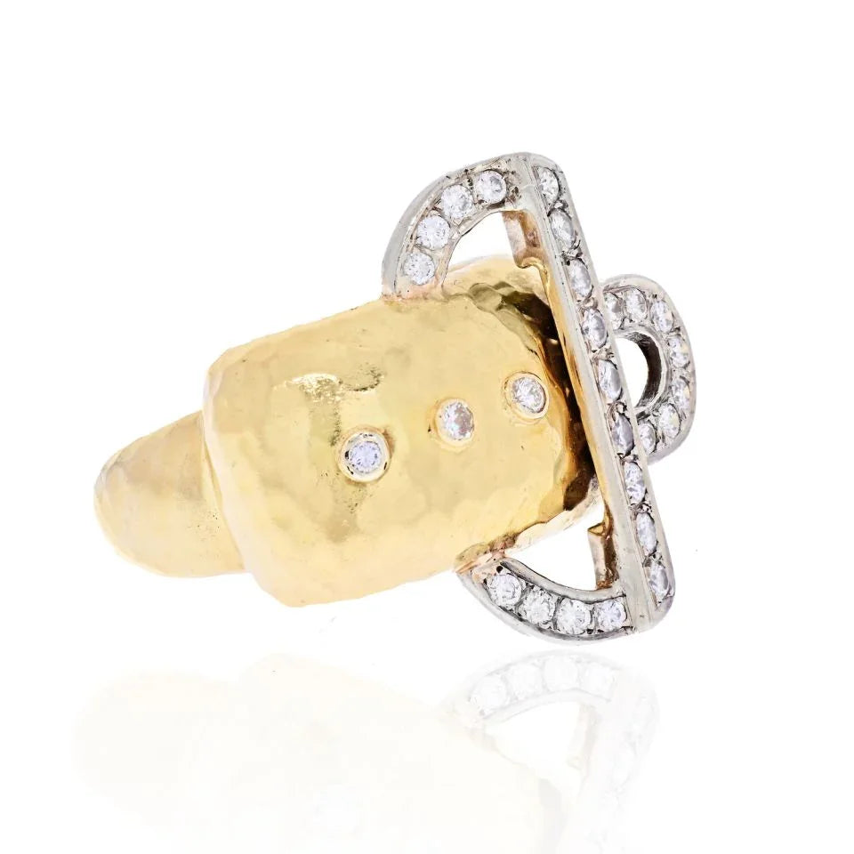 18K Yellow Gold Hammered Gold Diamond Buckle Retro Ring - The Back Vault