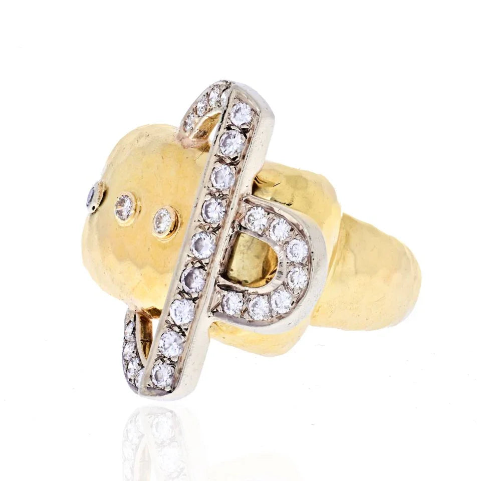18K Yellow Gold Hammered Gold Diamond Buckle Retro Ring - The Back Vault