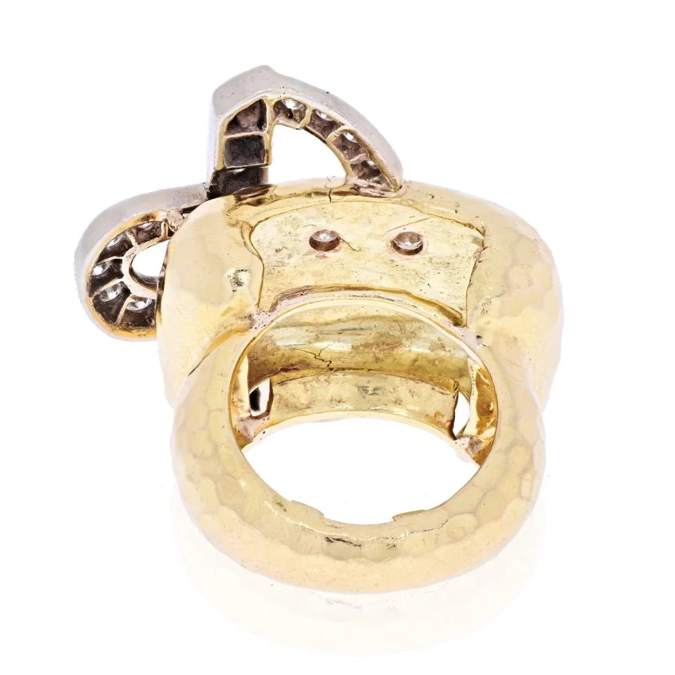 18K Yellow Gold Hammered Gold Diamond Buckle Retro Ring - The Back Vault