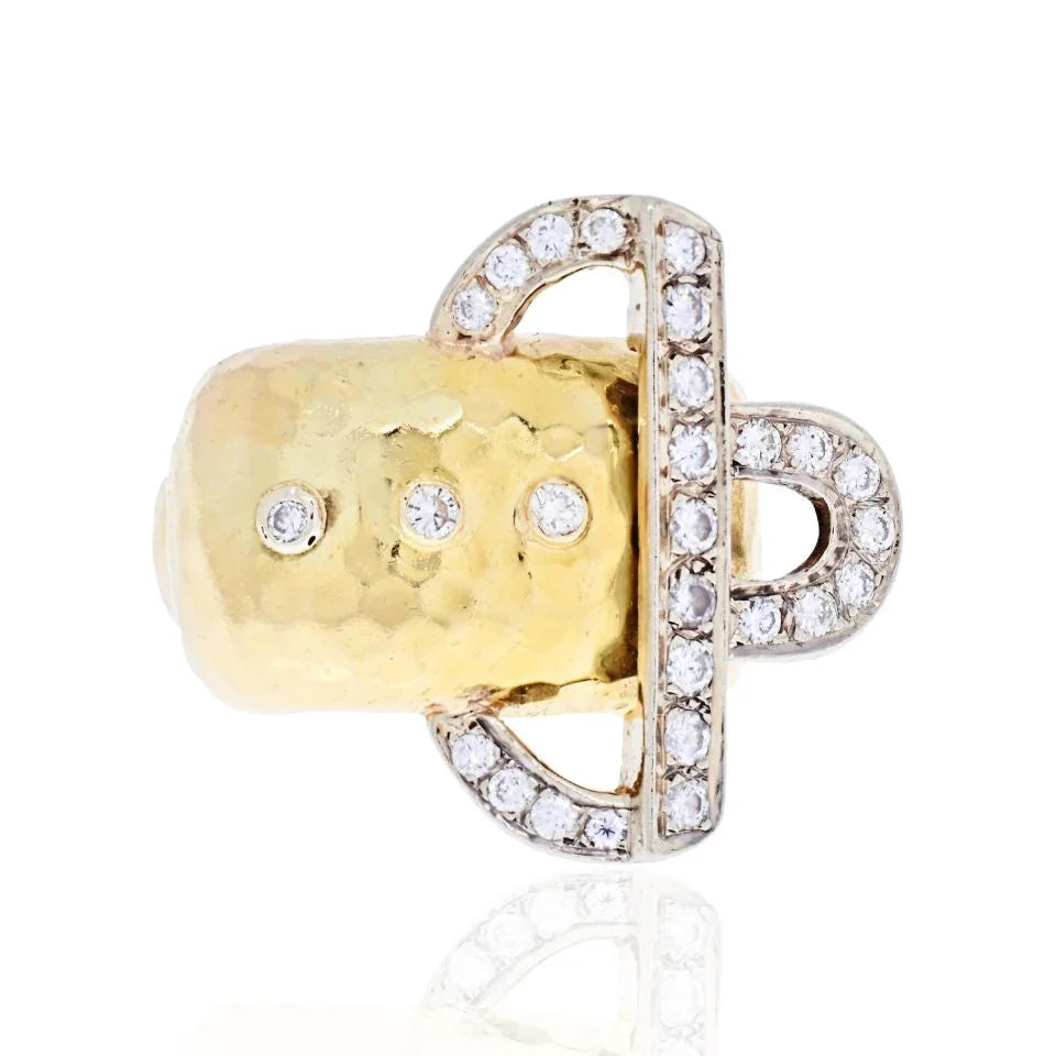 18K Yellow Gold Hammered Gold Diamond Buckle Retro Ring - The Back Vault