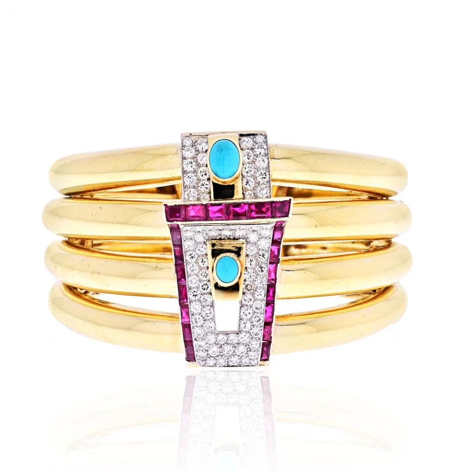 David Webb Platinum & 18K Yellow Gold 1960's Diamond, Ruby And Turquoise Bangle Bracelet - The Back Vault