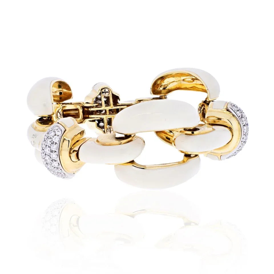 David Webb Platinum & 18K Yellow Gold Open Link White Enamel And Diamond Bracelet - The Back Vault