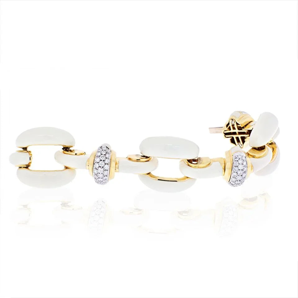 David Webb Platinum & 18K Yellow Gold Open Link White Enamel And Diamond Bracelet - The Back Vault