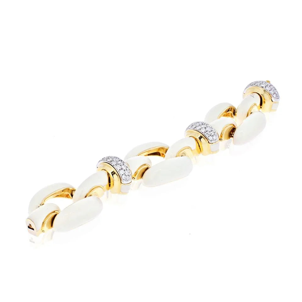 David Webb Platinum & 18K Yellow Gold Open Link White Enamel And Diamond Bracelet - The Back Vault