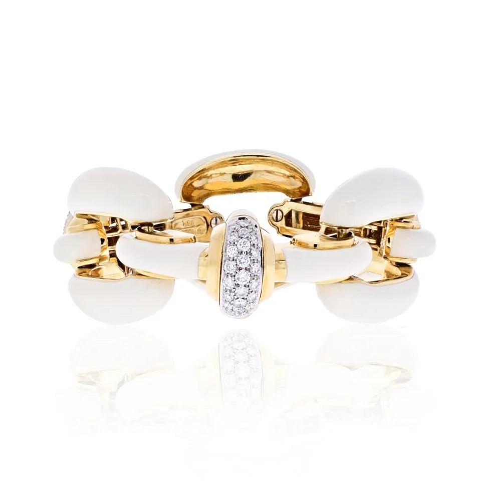 David Webb Platinum & 18K Yellow Gold Open Link White Enamel And Diamond Bracelet - The Back Vault