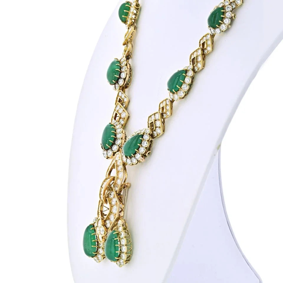 Van Cleef & Arpels 18K Yellow Gold 1970's Green Emerald And Diamond Convertable Necklace - The Back Vault