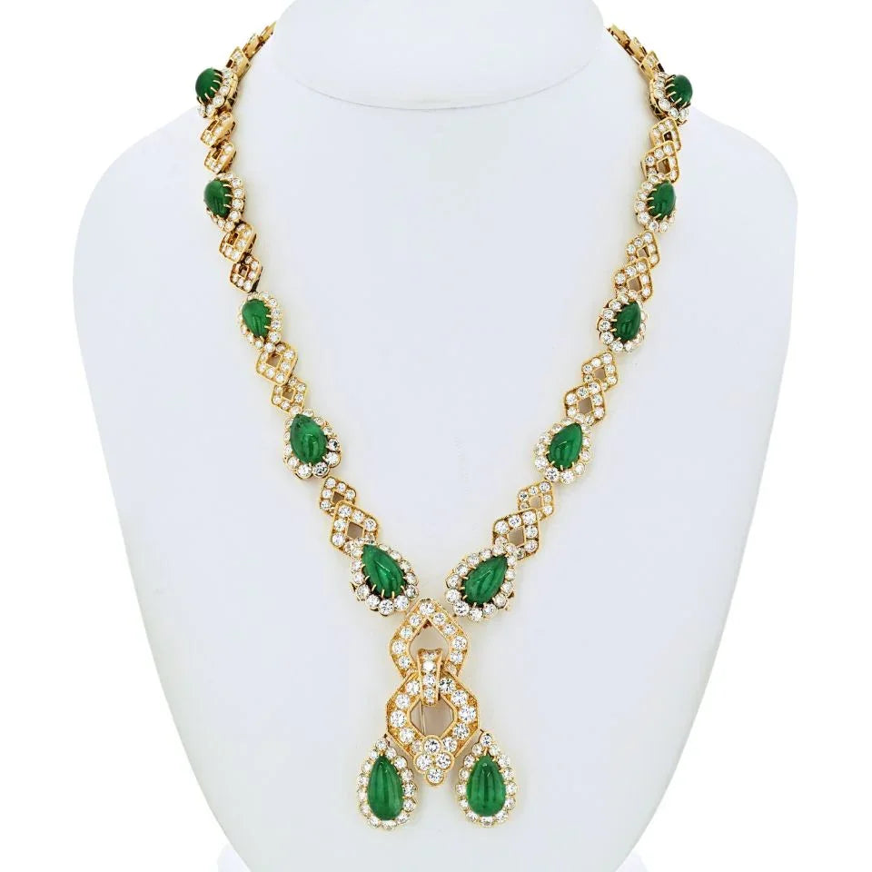 Van Cleef & Arpels 18K Yellow Gold 1970's Green Emerald And Diamond Convertable Necklace - The Back Vault