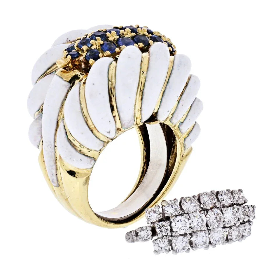 David Webb Platinum & 18K Yellow Gold White Enamel Diamonds, Sapphires Interchangeable Insert Ring - The Back Vault