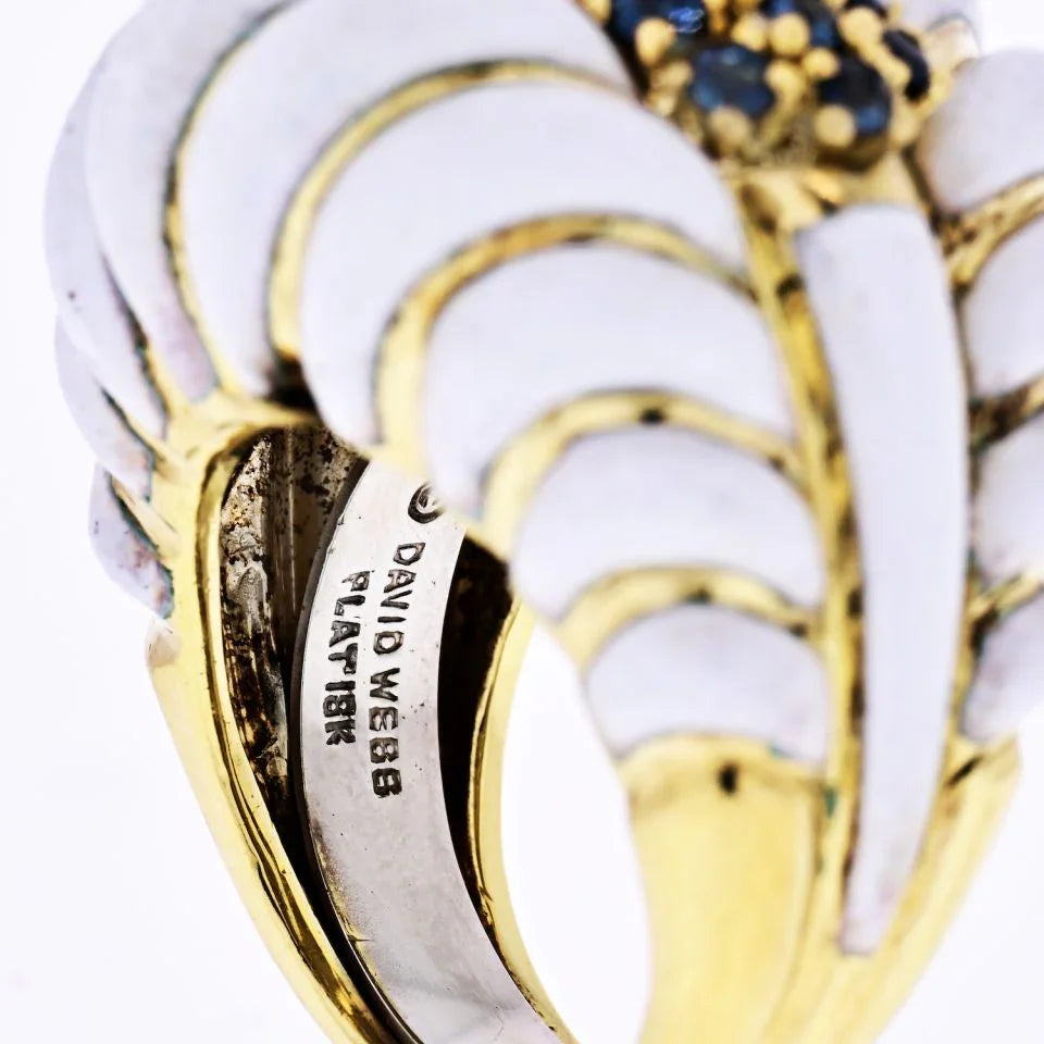 David Webb Platinum & 18K Yellow Gold White Enamel Diamonds, Sapphires Interchangeable Insert Ring - The Back Vault