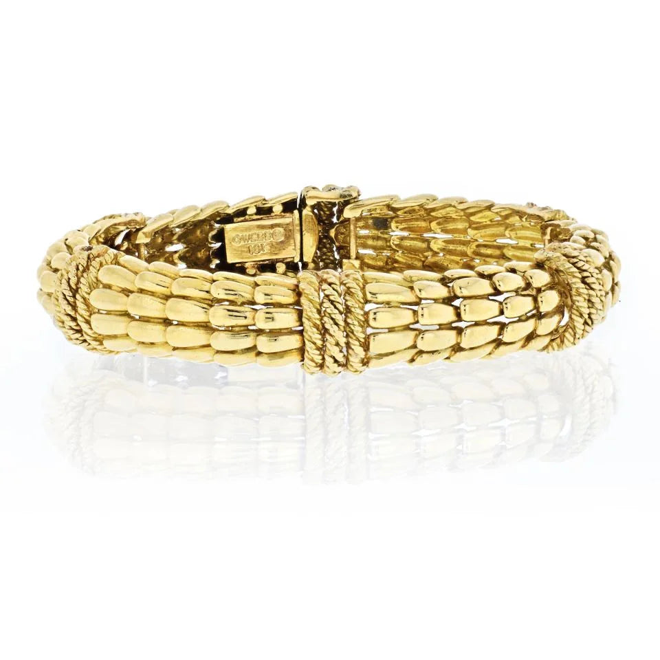 David Webb 18K Yellow Gold Twist Rope Sectional "Fishscale" Flexible Bracelet - The Back Vault