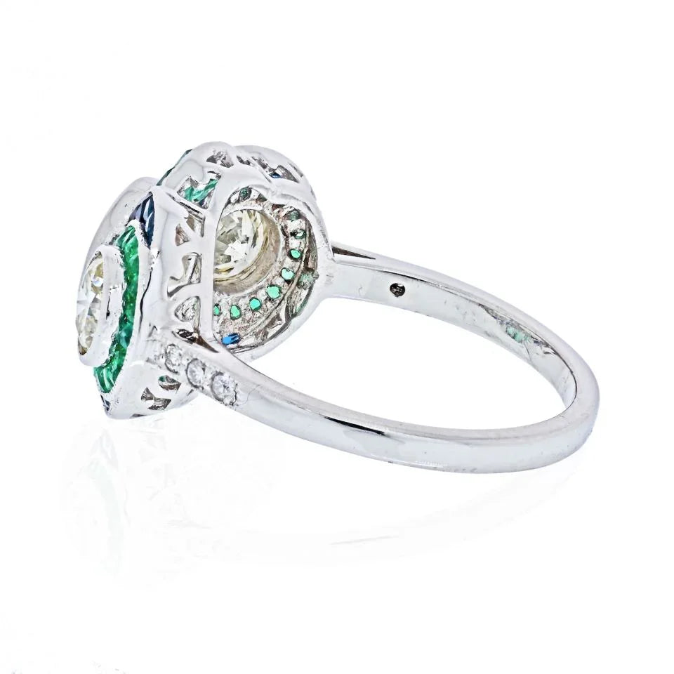 Platinum Three Stone Diamond, Emerald And Sapphire Ring - The Back Vault