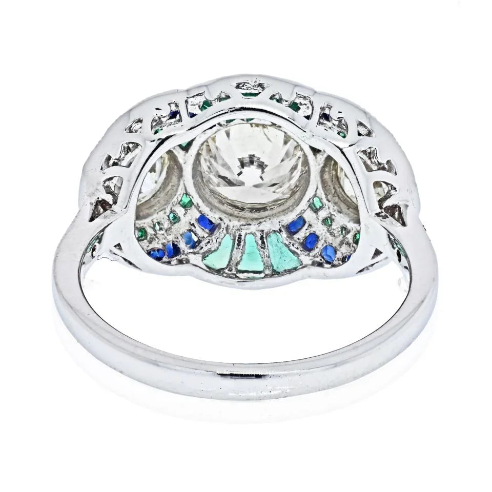 Platinum Three Stone Diamond, Emerald And Sapphire Ring - The Back Vault
