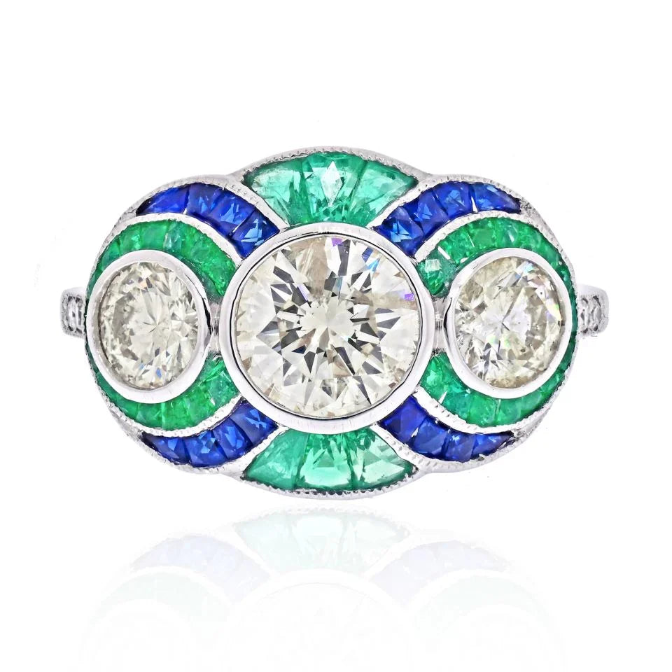 Platinum Three Stone Diamond, Emerald And Sapphire Ring - The Back Vault