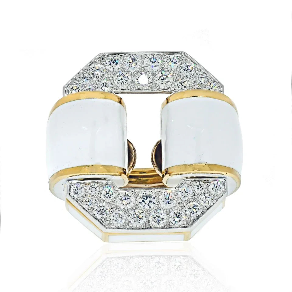 David Webb Platinum & 18K Yellow Gold Tire White Enamel And Diamond Ring - The Back Vault