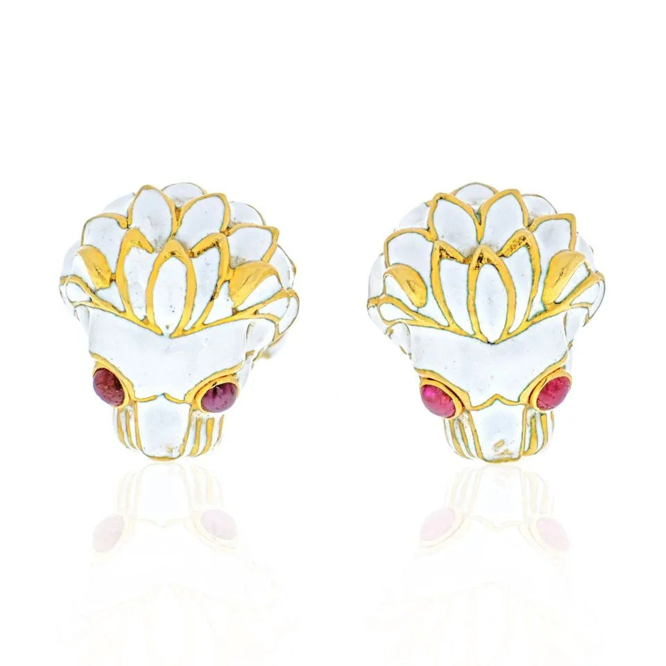David Webb Platinum & 18K Yellow Gold White Enamel Lion Ruby Eyes Cuff Links - The Back Vault