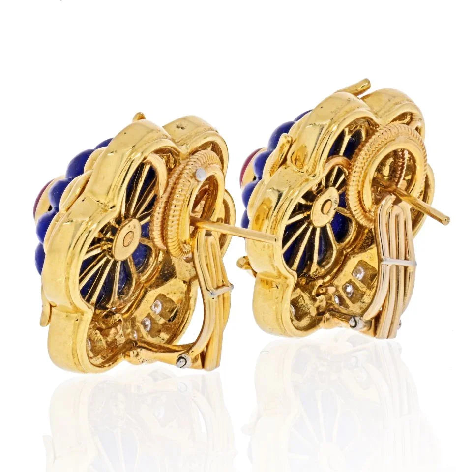 Harry Winston 18K Yellow Gold Lapis, Ruby, Diamond Earrings - The Back Vault