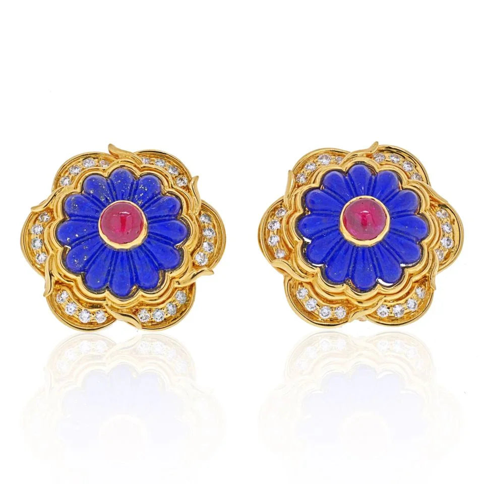 Harry Winston 18K Yellow Gold Lapis, Ruby, Diamond Earrings - The Back Vault