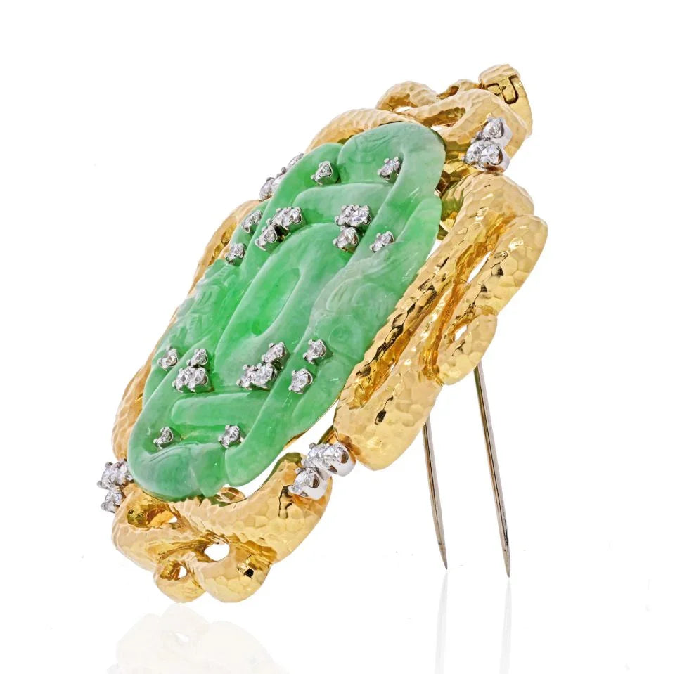 David Webb Platinum & 18K Yellow Gold French Jade Brooch Pendant - The Back Vault