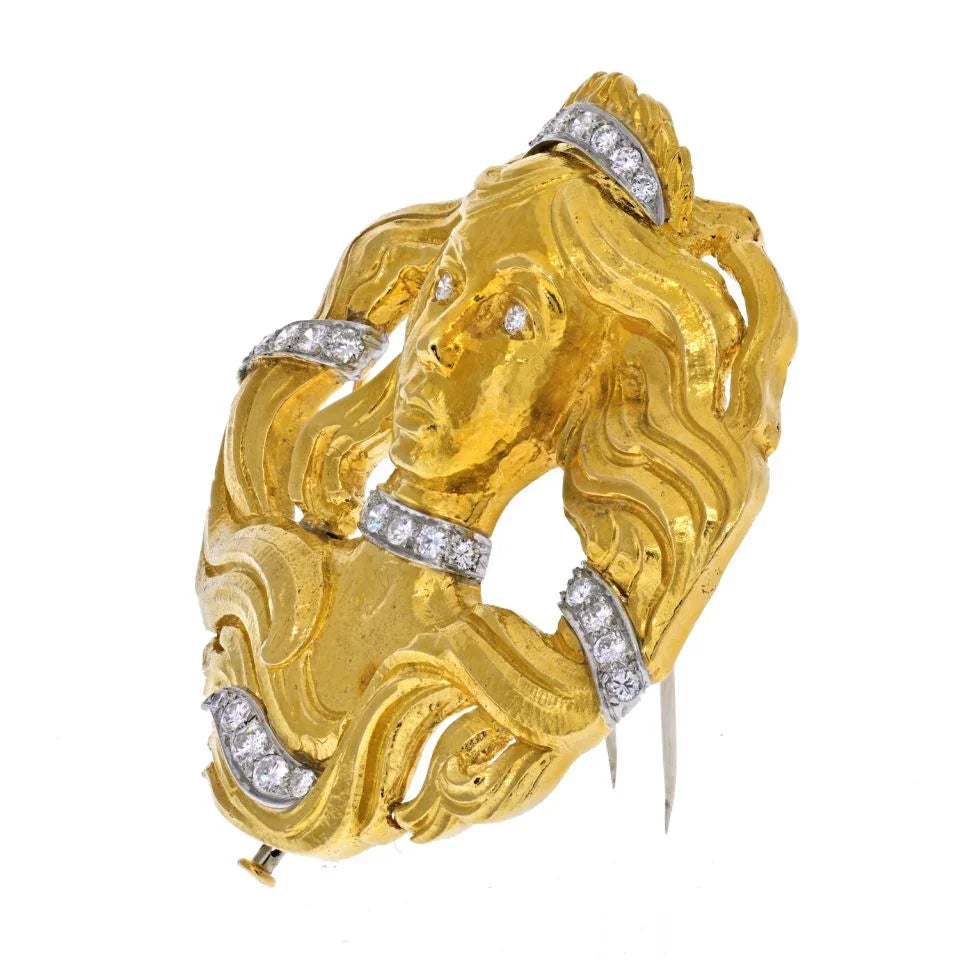 David Webb Platinum & 18K Yellow Gold Medusa Diamond Pendant Brooch - The Back Vault