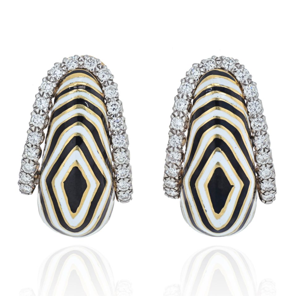 Zebra Stripe Earrings  Striped earrings, White enamel, 18k gold