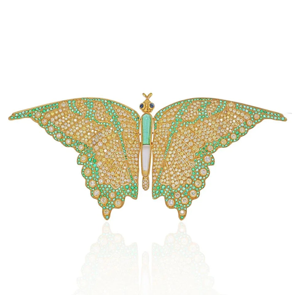 18K Yellow Gold Diamond, Green Emeralds Large Butterfly Demner Brooch - The Back Vault