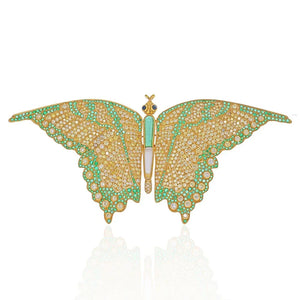 18K Yellow Gold Diamond, Green Emeralds Large Butterfly Demner Brooch