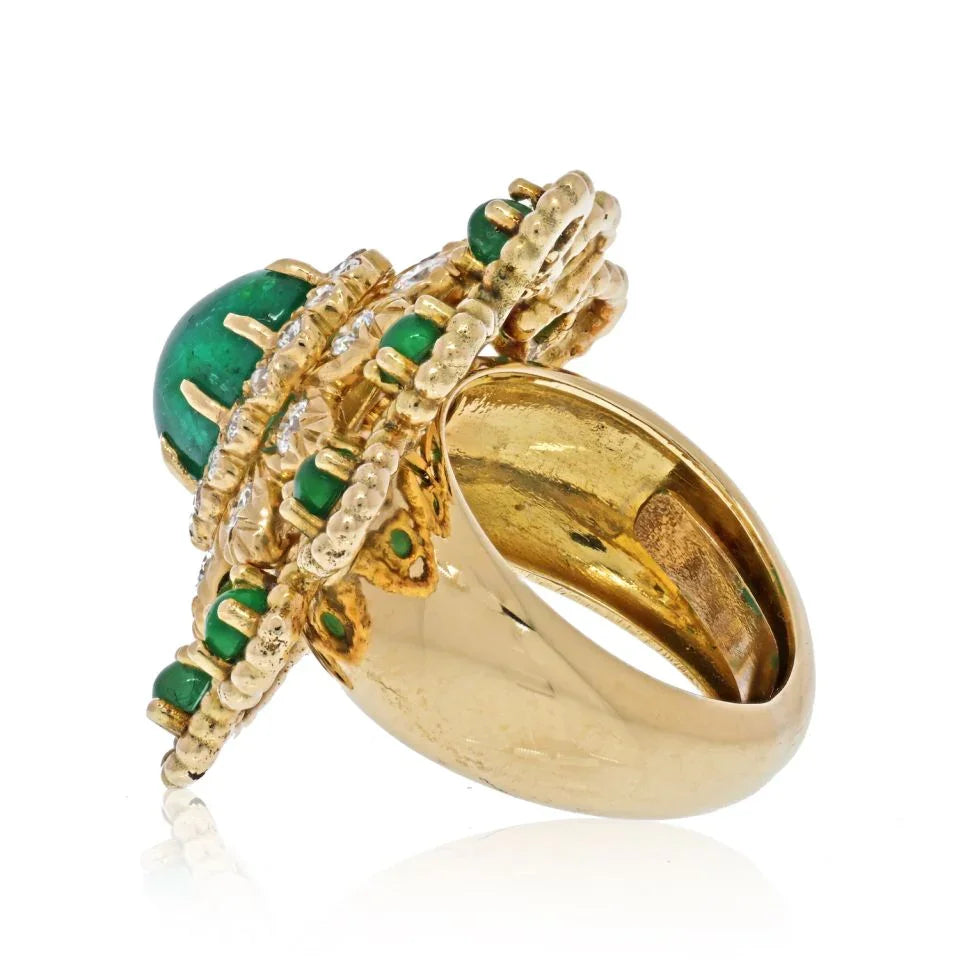 David Webb 18K Yellow Gold Green Emerald Diamond Flower Ring - The Back Vault