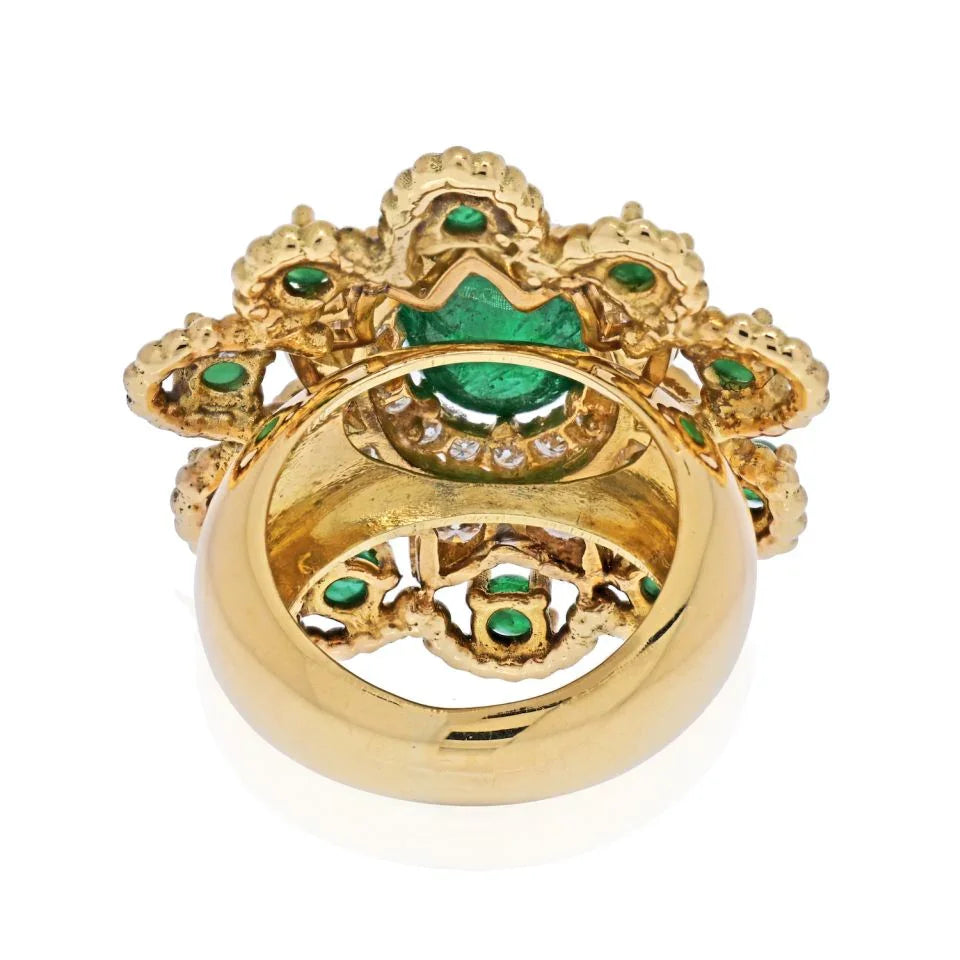 David Webb 18K Yellow Gold Green Emerald Diamond Flower Ring - The Back Vault