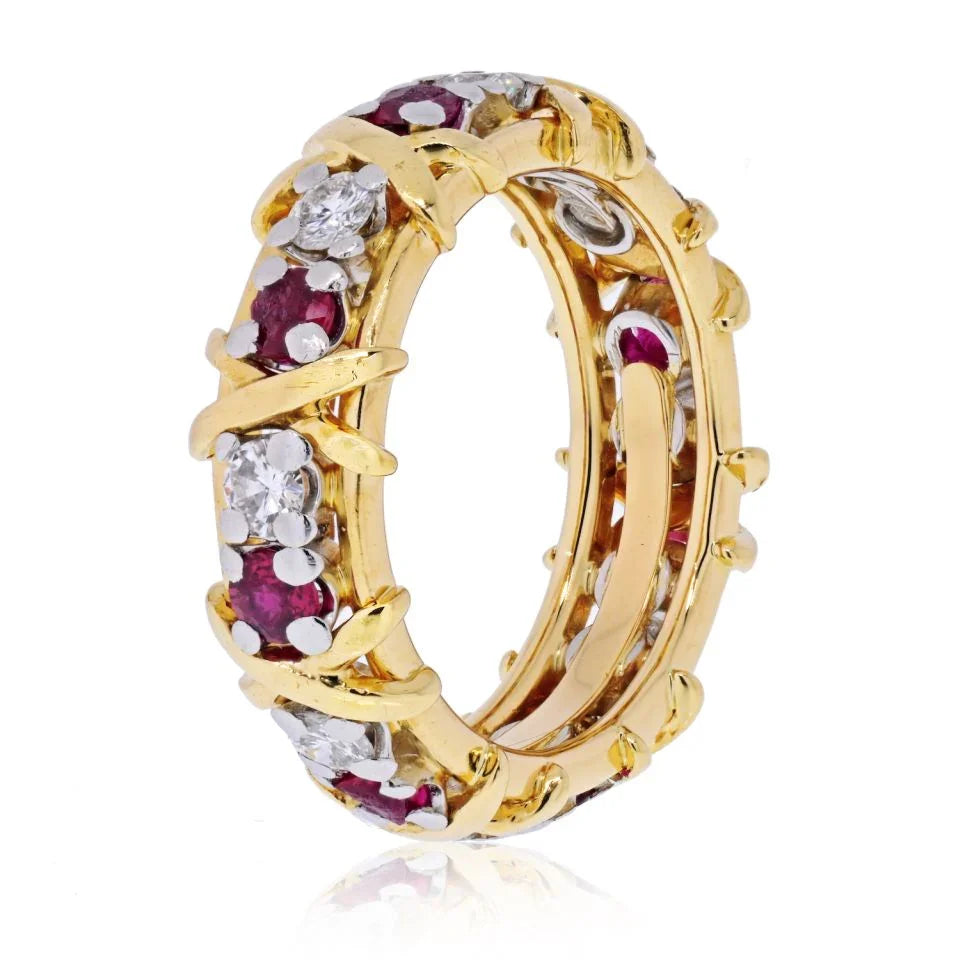 Tiffany & Co. Platinum & 18K Yellow Gold 16 Stone Schlumberger Ruby Diamond Ring - The Back Vault
