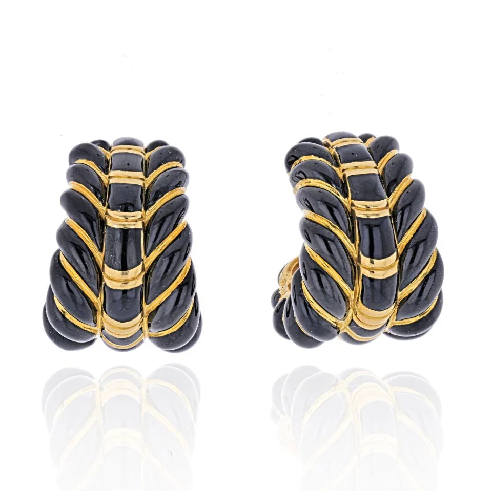 David Webb 18K Yellow Gold Black Enamel Fluted Shrimp Earrings - The Back Vault