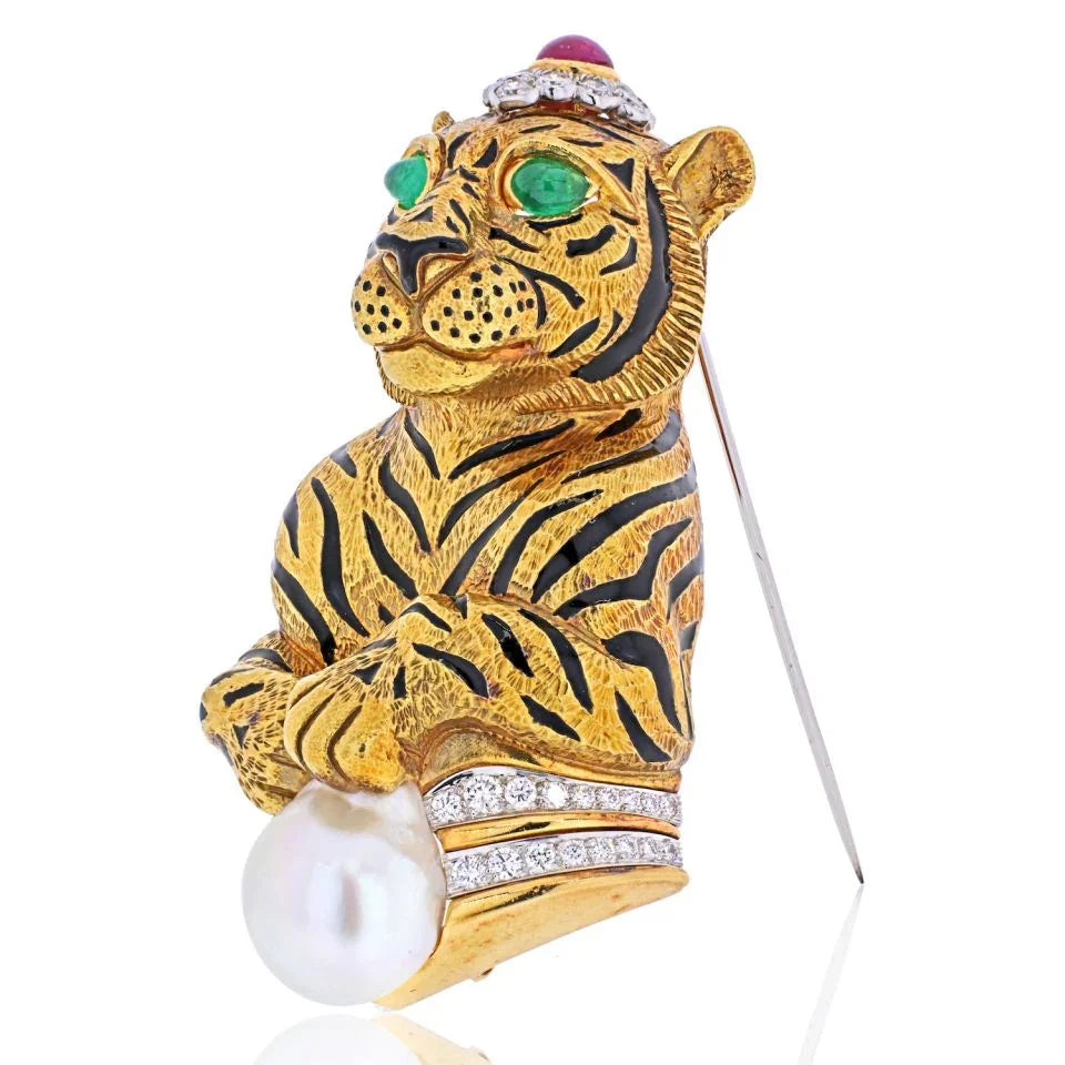 David Webb Platinum & 18K Yellow Gold Black Striped Tiger with Emerald Ruby Pearl Brooch - The Back Vault