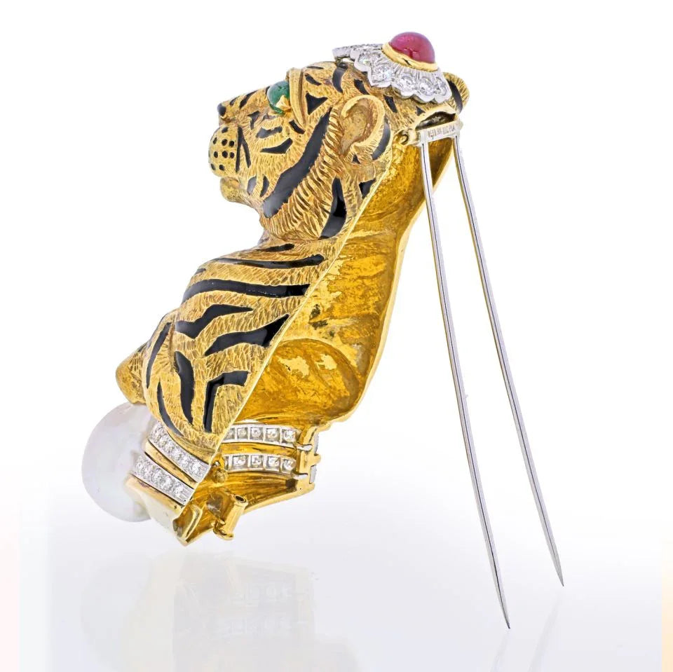 David Webb Platinum & 18K Yellow Gold Black Striped Tiger with Emerald Ruby Pearl Brooch - The Back Vault