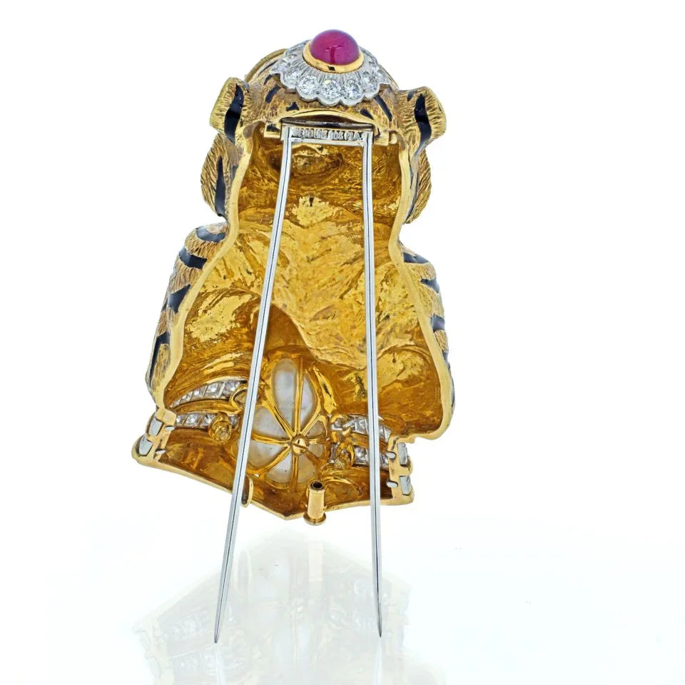 David Webb Platinum & 18K Yellow Gold Black Striped Tiger with Emerald Ruby Pearl Brooch - The Back Vault
