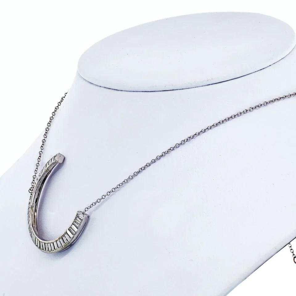 Vintage Baguette Diamond Crescent Pendant On A Chain Pendant - The Back Vault