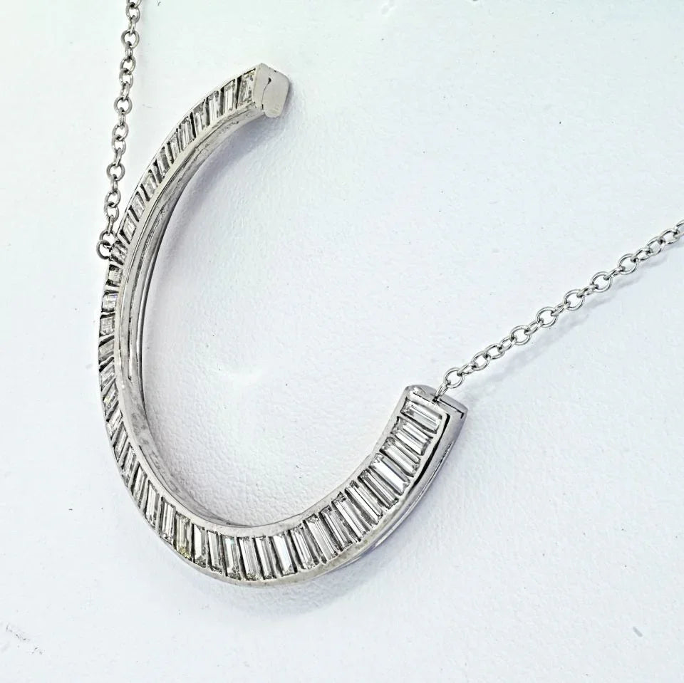 Vintage Baguette Diamond Crescent Pendant On A Chain Pendant - The Back Vault