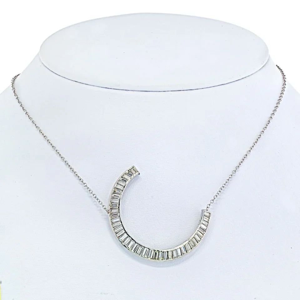 Vintage Baguette Diamond Crescent Pendant On A Chain Pendant - The Back Vault