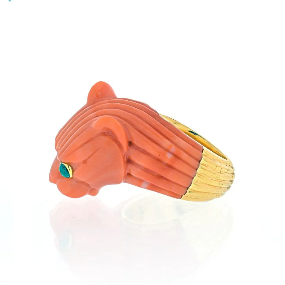 David Webb 18K Two Tone Solid Fluted Coral Panthere Lion Ring - The Back Vault