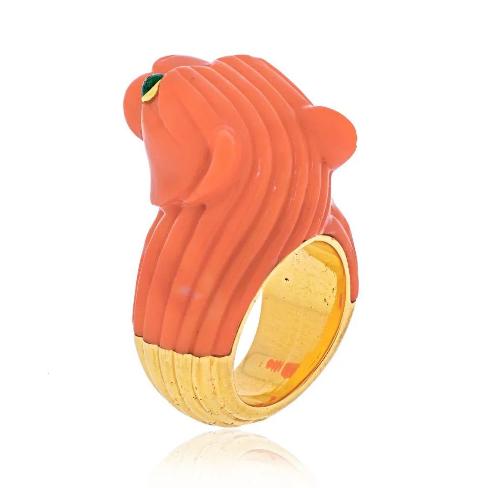 David Webb 18K Two Tone Solid Fluted Coral Panthere Lion Ring - The Back Vault