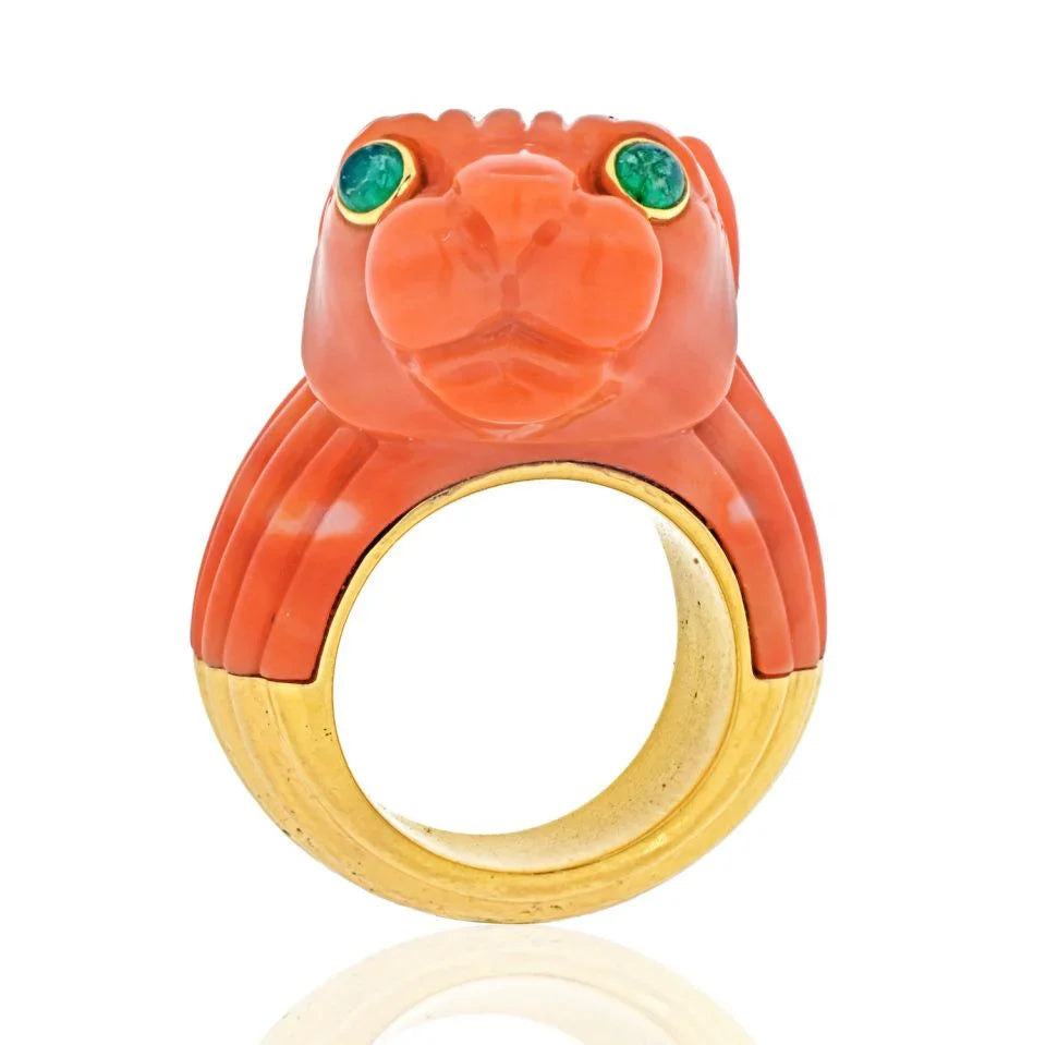 David Webb 18K Two Tone Solid Fluted Coral Panthere Lion Ring - The Back Vault
