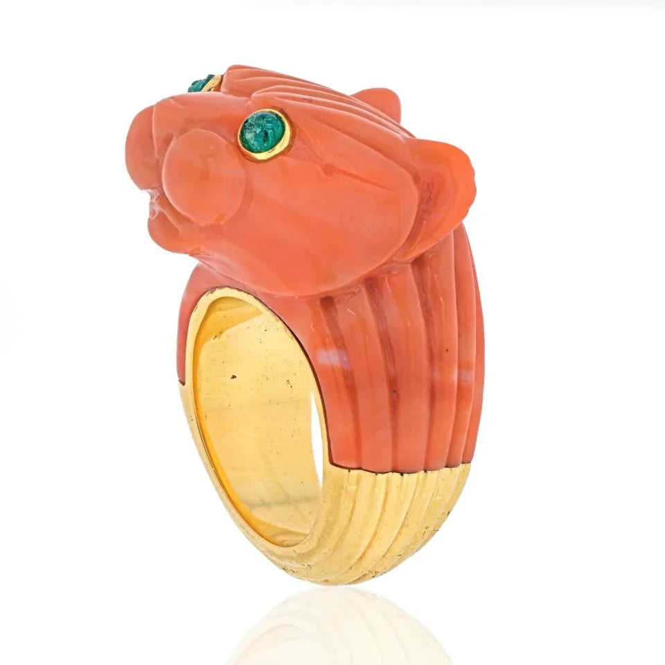 David Webb 18K Two Tone Solid Fluted Coral Panthere Lion Ring - The Back Vault