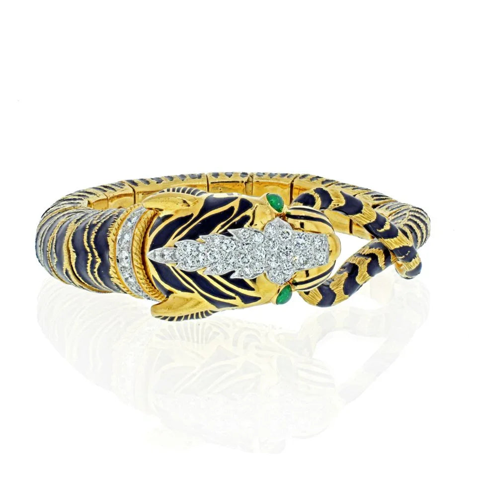 David Webb Platinum & 18K Yellow Gold Diamond And Black Enamel Tiger Bracelet - The Back Vault