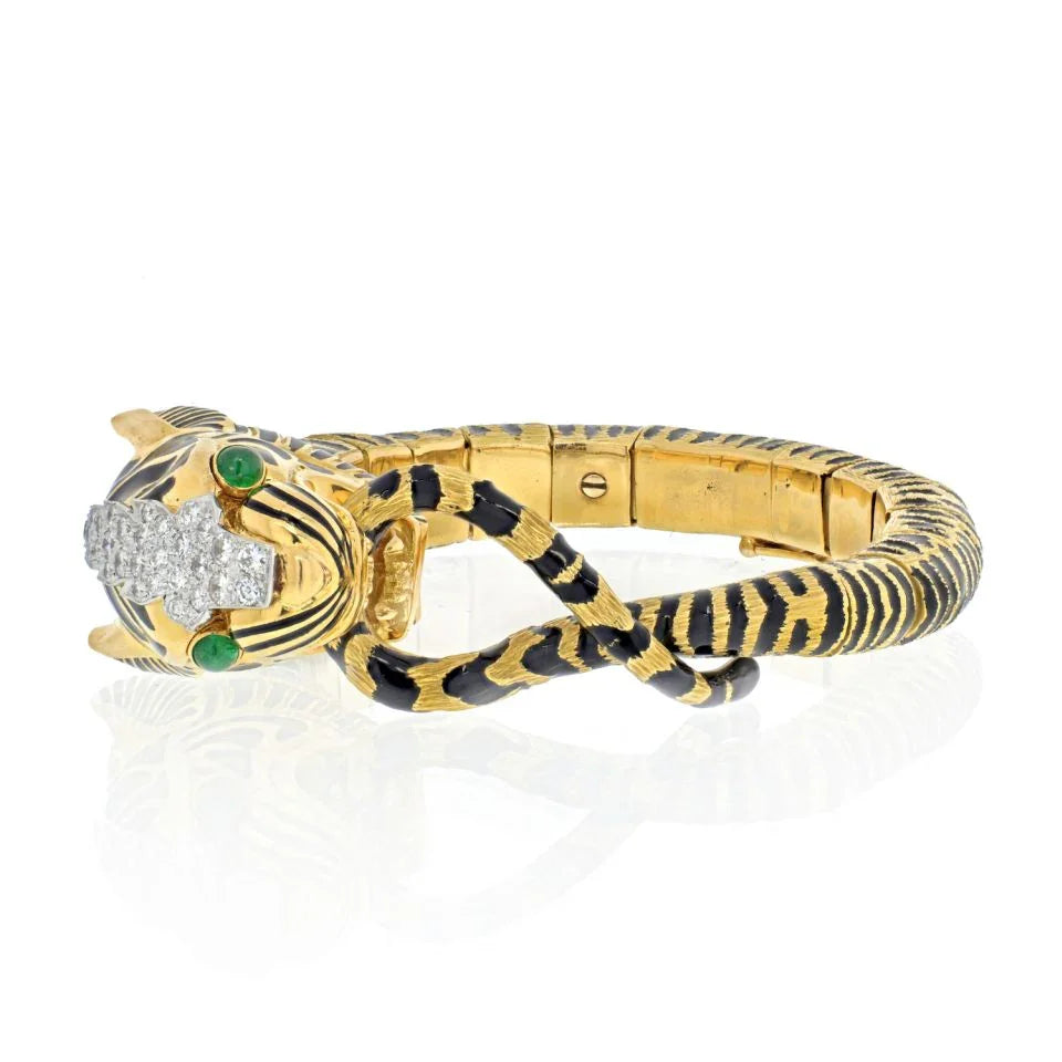 David Webb Platinum & 18K Yellow Gold Diamond And Black Enamel Tiger Bracelet - The Back Vault