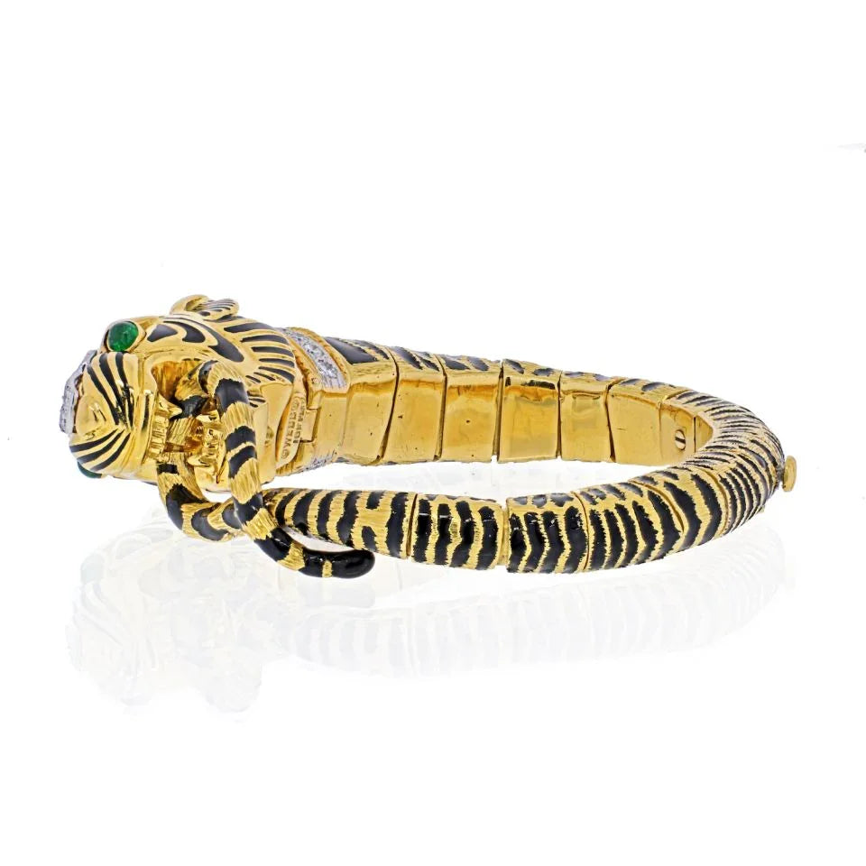 David Webb Platinum & 18K Yellow Gold Diamond And Black Enamel Tiger Bracelet - The Back Vault