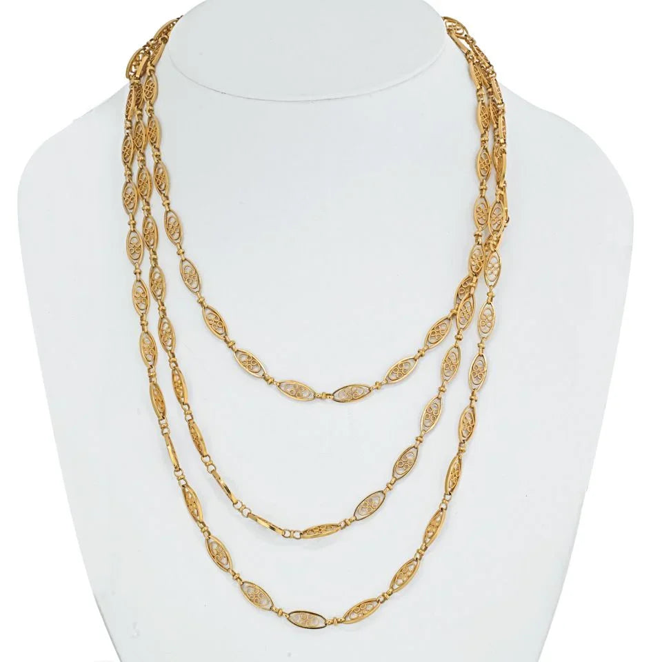 18K Yellow Gold Navette Link Long Chain Necklace - The Back Vault